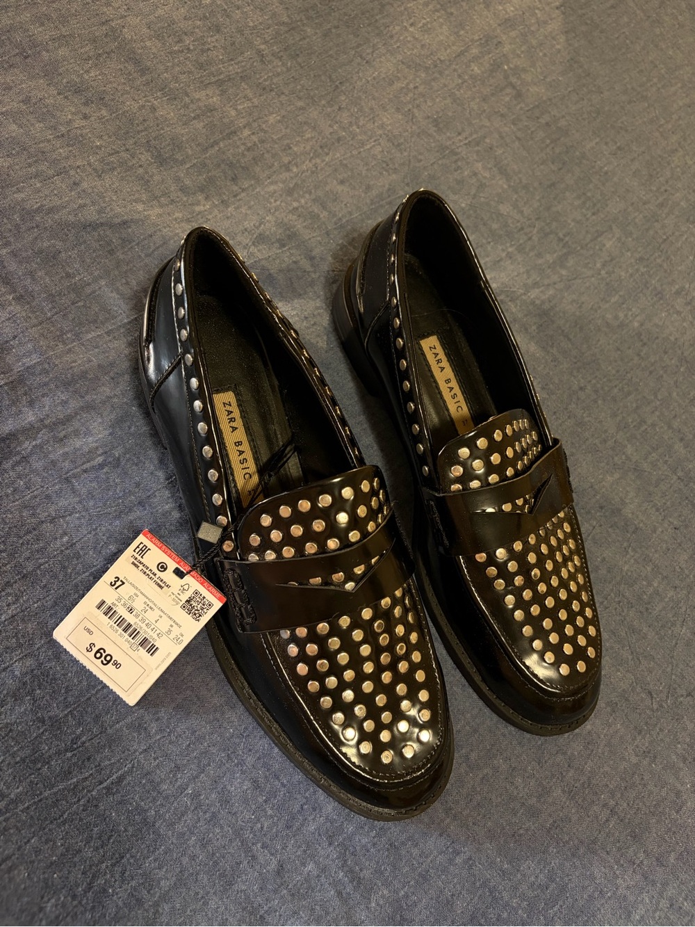 Zara Basic Black Studded Leather Loafers